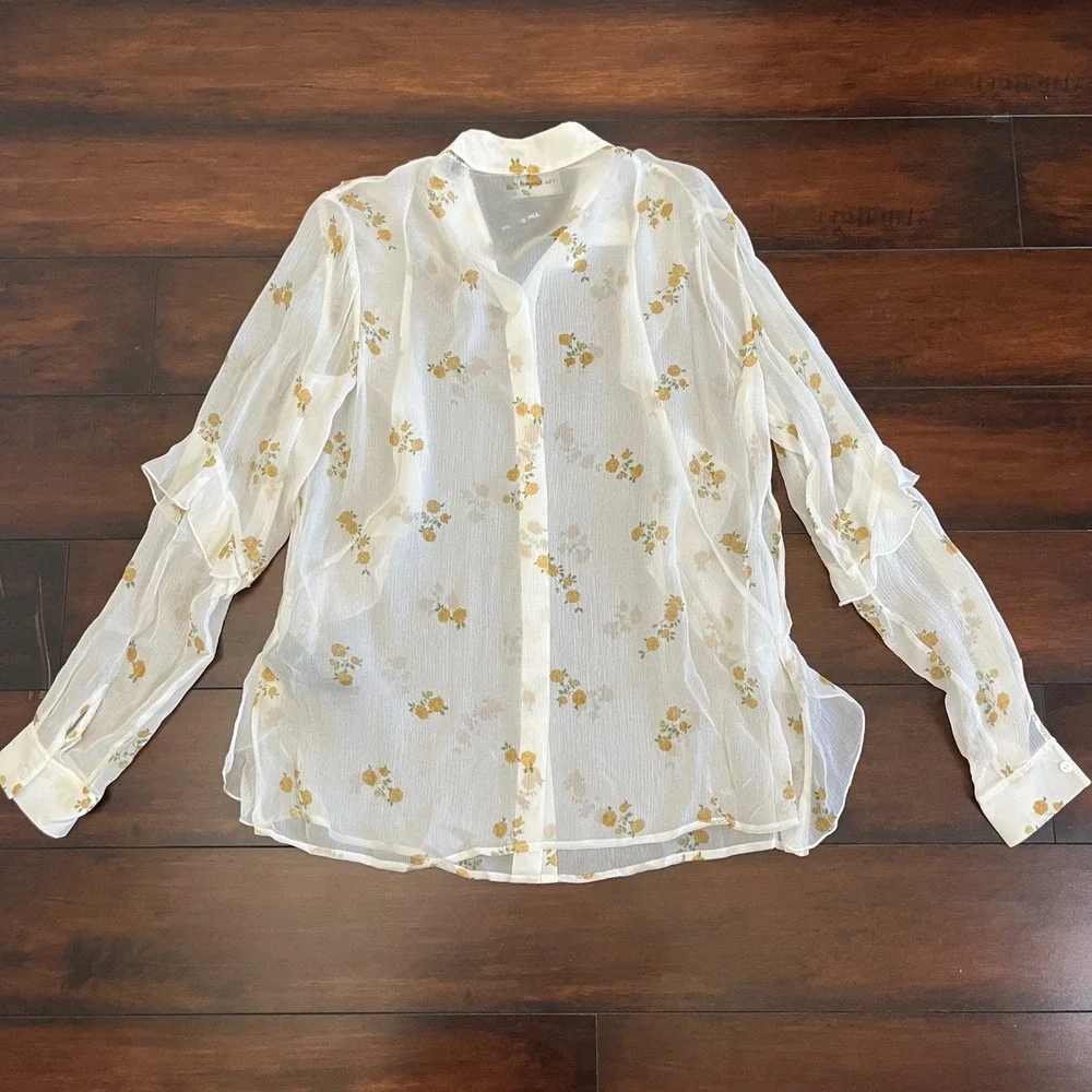 The Kooples Popcorn Floral-Print Sheer Silk Shirt Ruffle Button Down FR 1/US S - Picture 5 of 13